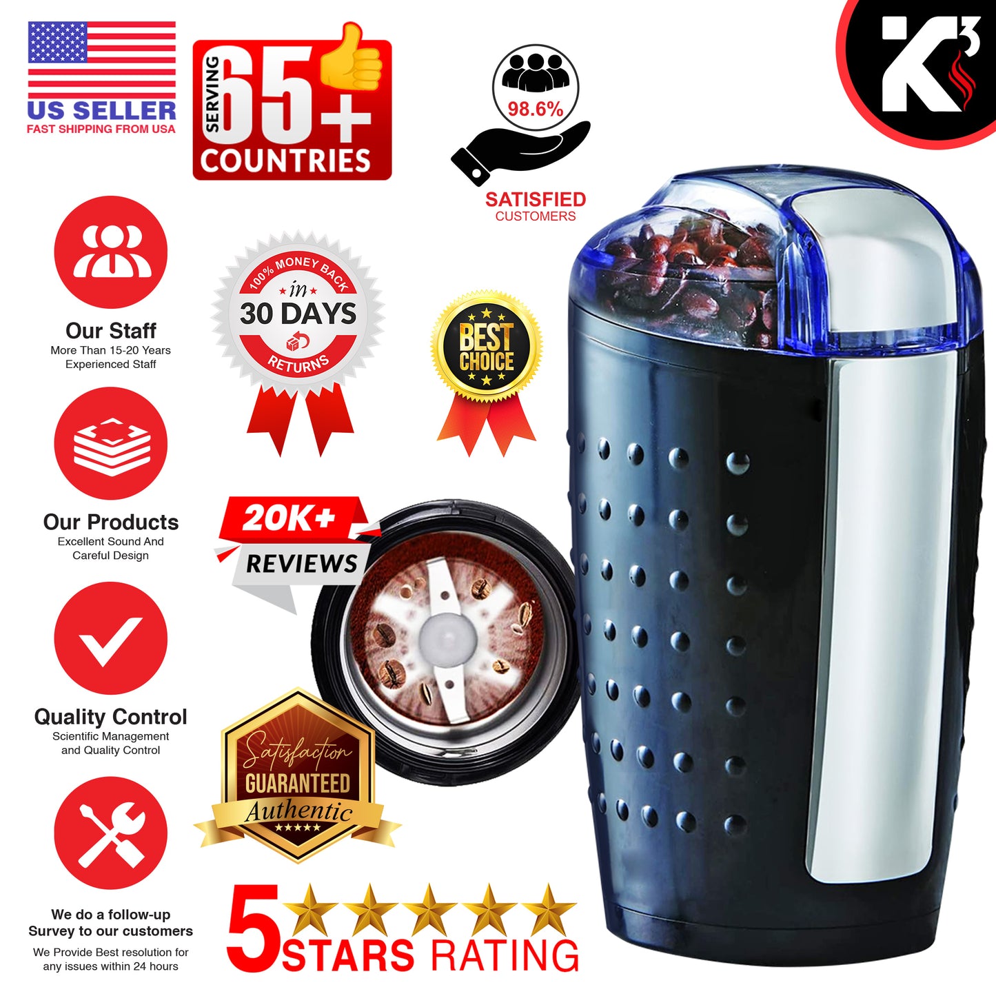 One-Touch Coffee and Spice Grinder Black| Stainless Steel Blades, Removable Chamber| Capacity up to 12 Cups| Electric Coffee Grinder for Beans, Spices, and More- CG 01 BL