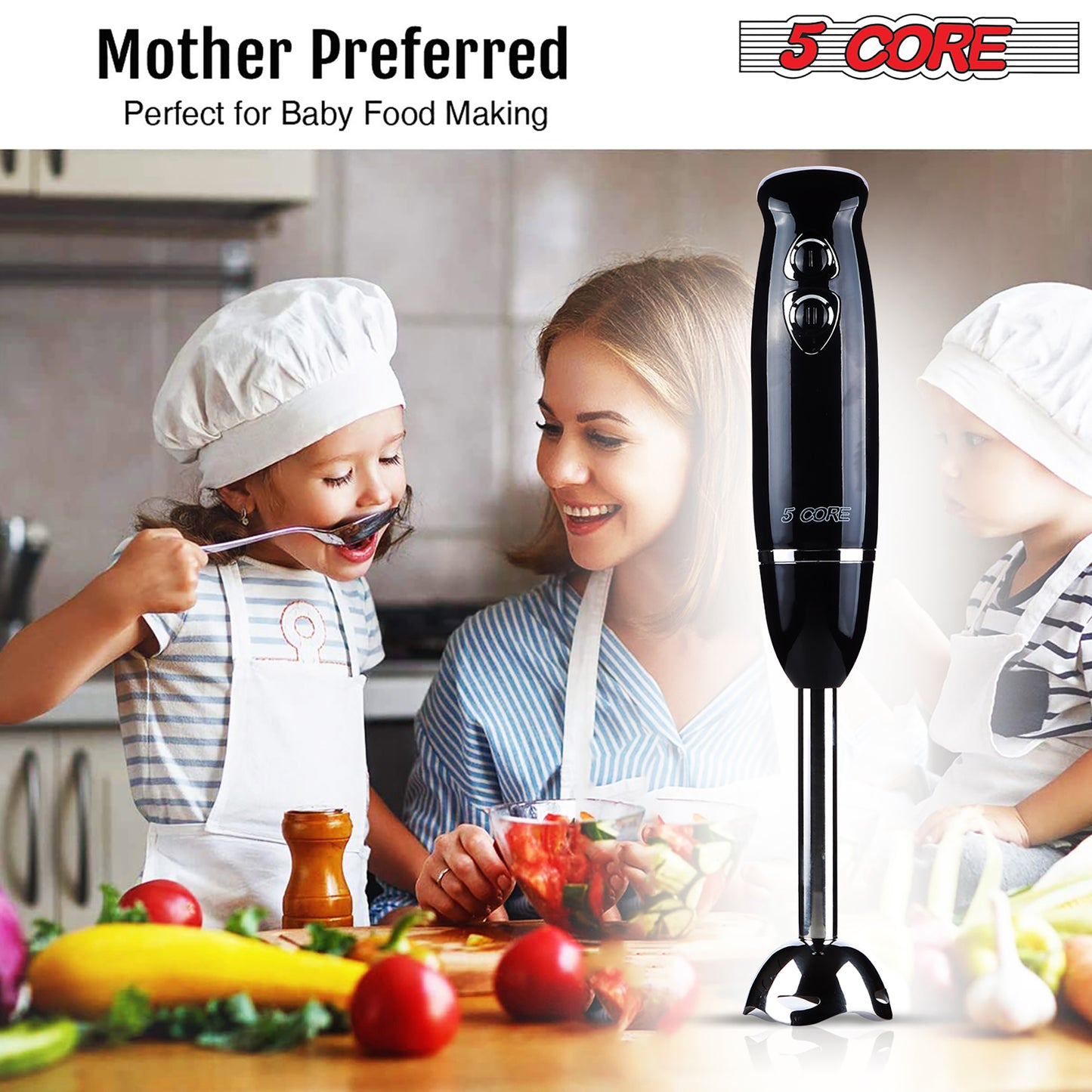 Powerful Immersion Blender Black| 500 Watt Multi-Purpose Hand Blender Heavy Duty Copper Motor w/ Steel Finish | for Soup, Smoothie, Puree, Baby Food, 304 Stainless Steel Blades- HB 1510 BLK