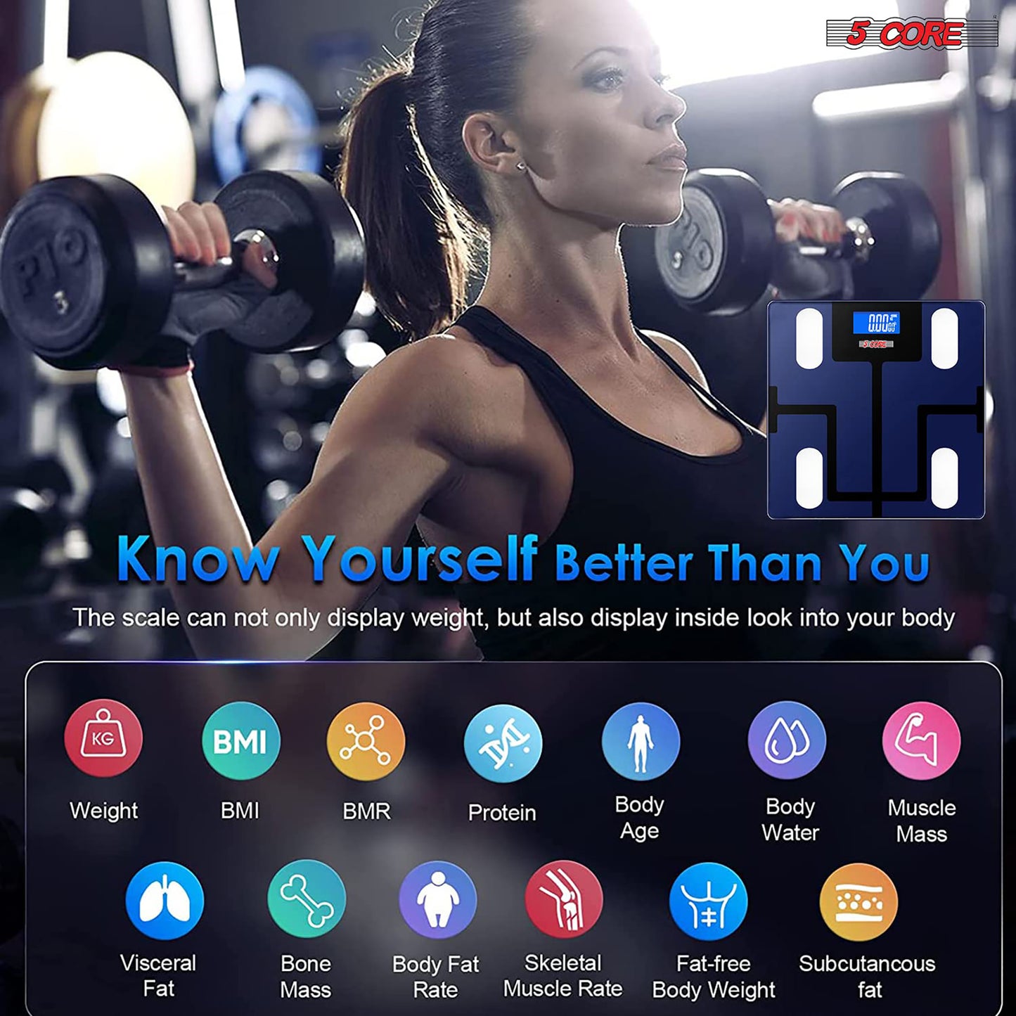 Kcubeinc Rechargeable Smart Digital Bathroom Weighing Scale with Body Fat and Water Weight for People, Bluetooth BMI Electronic Body Analyzer Machine, 400 lbs. BBS VL R BLU