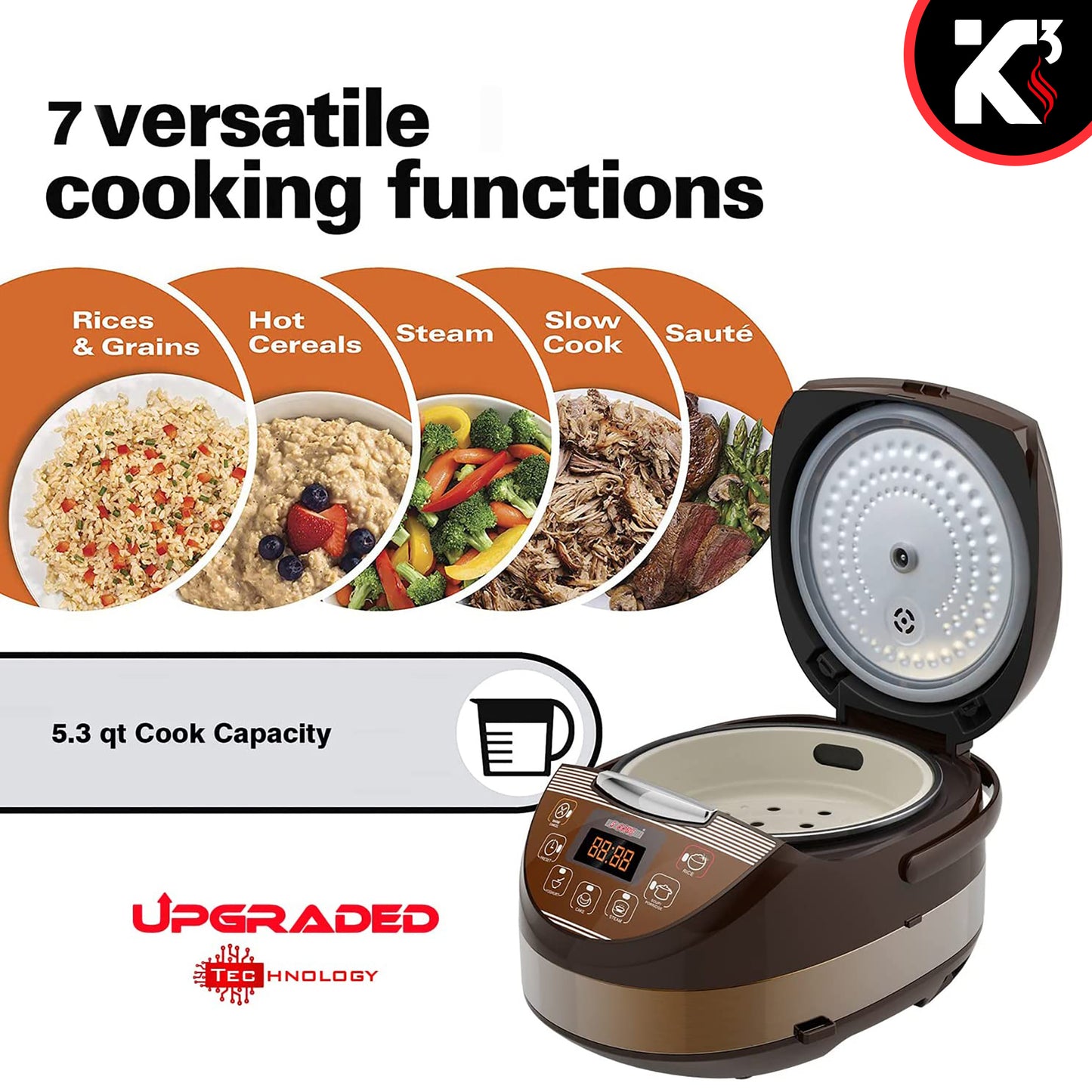 Kcubeinc 5.3Qt Asian Rice Cooker Digital Programmable 15-in-1 Ergonomic Large Touch Screen Electric Multi Cooker Slow Cooker Steamer Pot Warmer 11 Cups 24 Hour Delay Timer Auto Keep Warm Feature RC 0502
