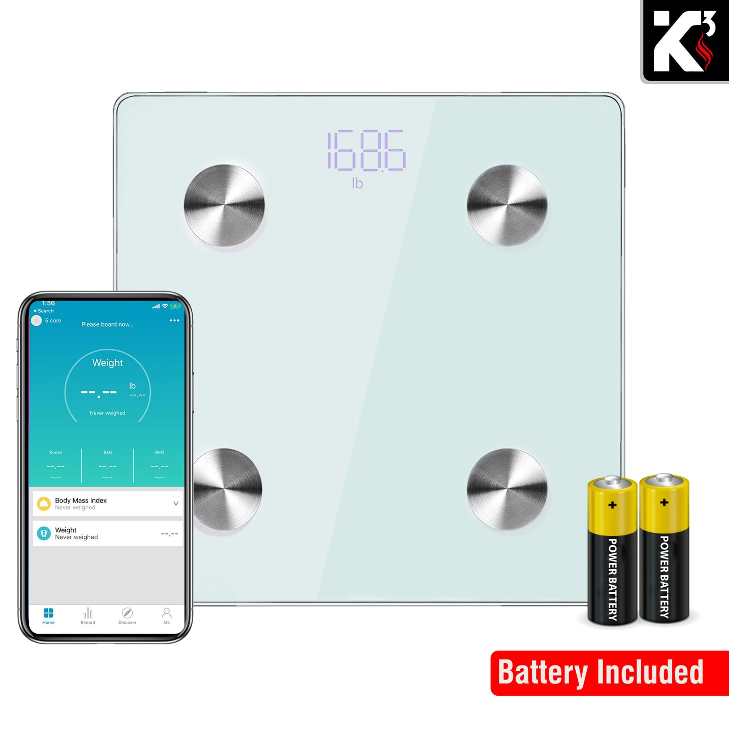 Kcubeinc 2 Pieces Smart Digital Bathroom Weighing Scale with Body Fat and Water Weight for People, Bluetooth BMI Electronic Body Analyzer Machine, 400 lbs. BBS DOT B WH