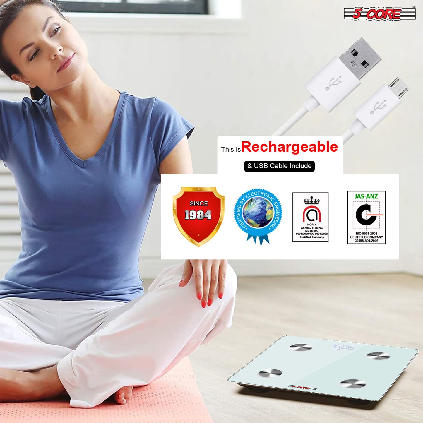Kcubeinc Rechargeable Smart Digital Bathroom Weighing Scale with Body Fat and Water Weight for People, Bluetooth BMI Electronic Body Analyzer Machine, 400 lbs. BBS DOT R WH