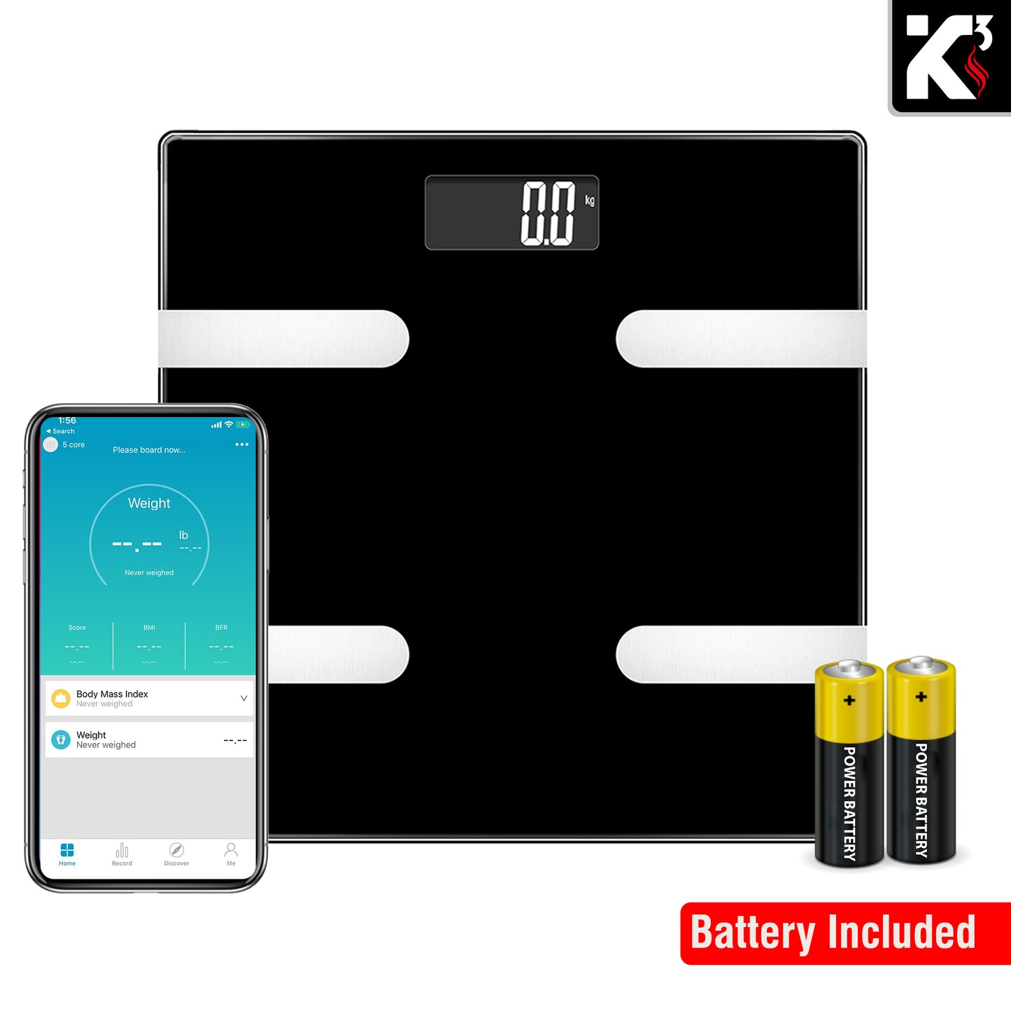 Kcubeinc Smart Digital Bathroom Weighing Scale with Body Fat and Water Weight for People, Bluetooth BMI Electronic Body Analyzer Machine, 400 lbs. BBS HL B BLK