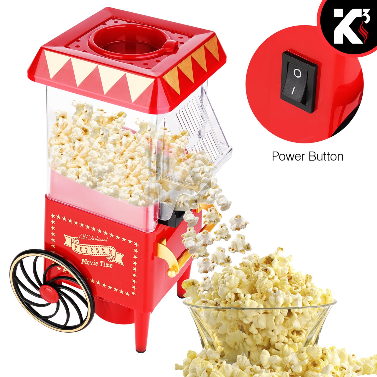 Kcubeinc Nostalgia Vintage Table-Top Popcorn Maker Machine with Wheels, 1400 Watts, 120 V, Hot Air POP 820