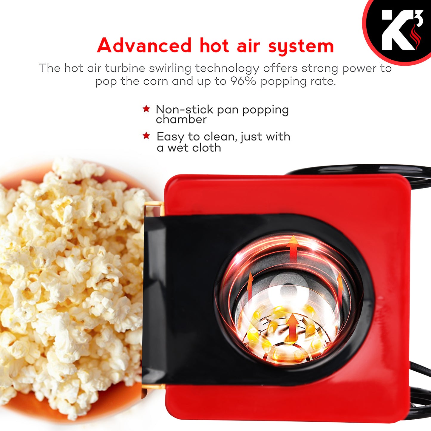 Kcubeinc Nostalgia Vintage Table-Top Popcorn Maker Machine with Wheels, 1400 Watts, 120 V, Hot Air POP 820