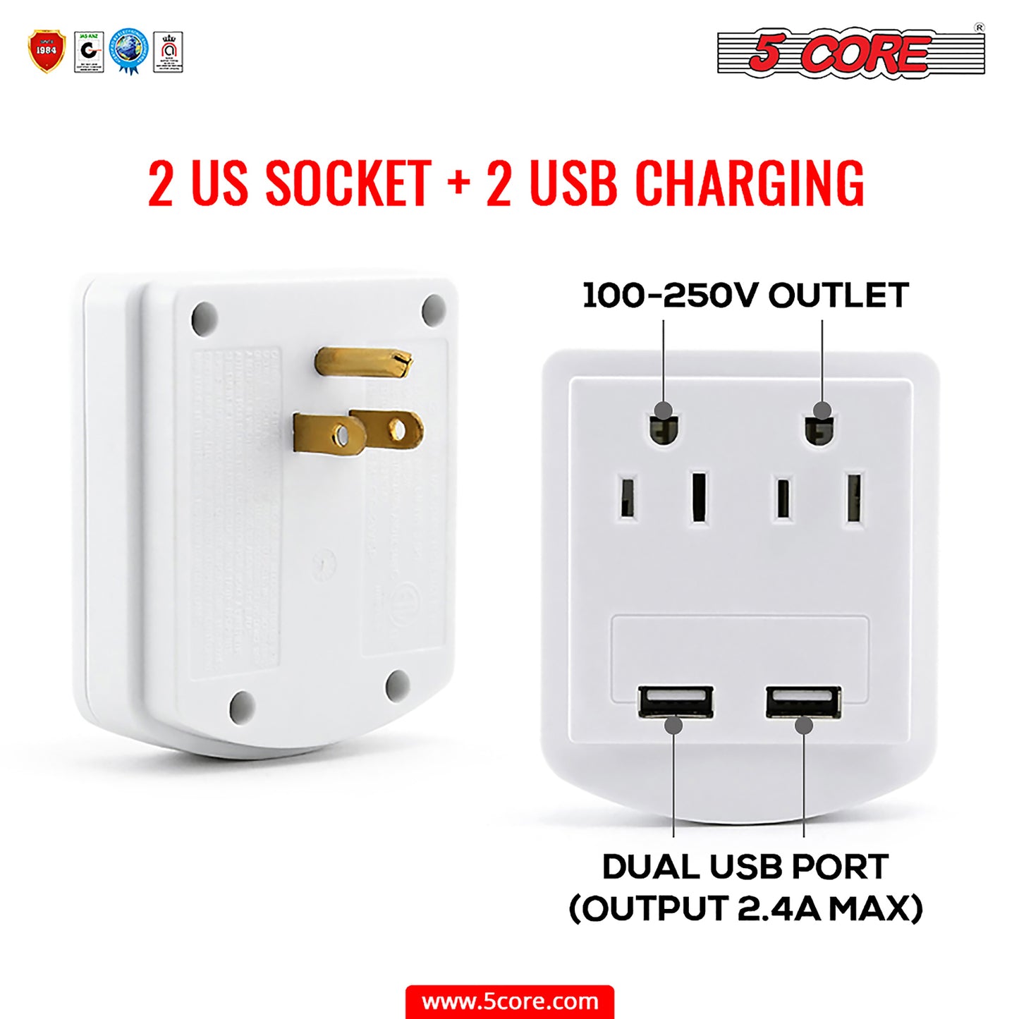 USB Wall Charger White with Surge Protector | Charging Power Outlet with 2 USB Ports and 2 AC Plug Expanders | Safe Wall Adapter for Travel, Home, Office, Cruise Dorm Essentials- 2U2O-1