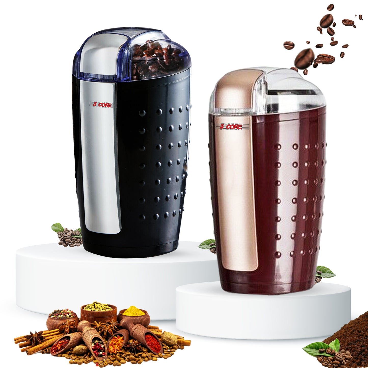 2 Pieces Electric Coffee Grinder Spice Grinders Large Portable Compact with Stainless Blade Grinder CG 01 BR & BL