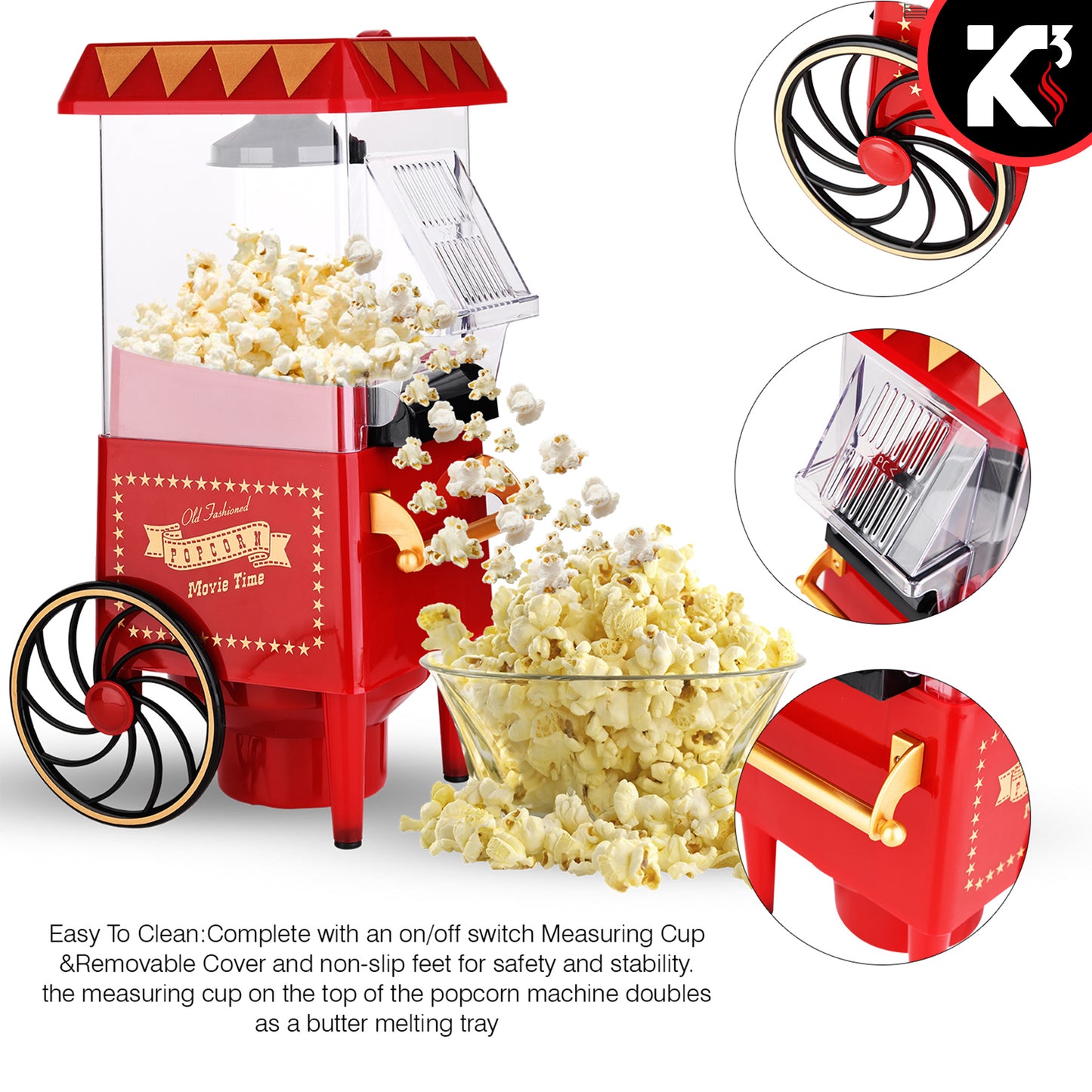 Kcubeinc Nostalgia Vintage Table-Top Popcorn Maker Machine with Wheels, 1400 Watts, 120 V, Hot Air POP 820
