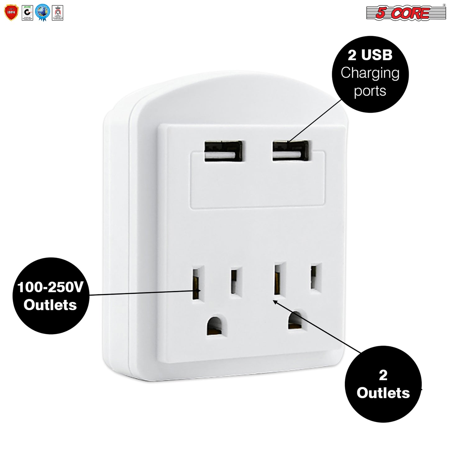 USB Wall Charger White with Surge Protector | Charging Power Outlet with 2 USB Ports and 2 AC Plug Expanders | Safe Wall Adapter for Travel, Home, Office, Cruise Dorm Essentials- 2U2O-1