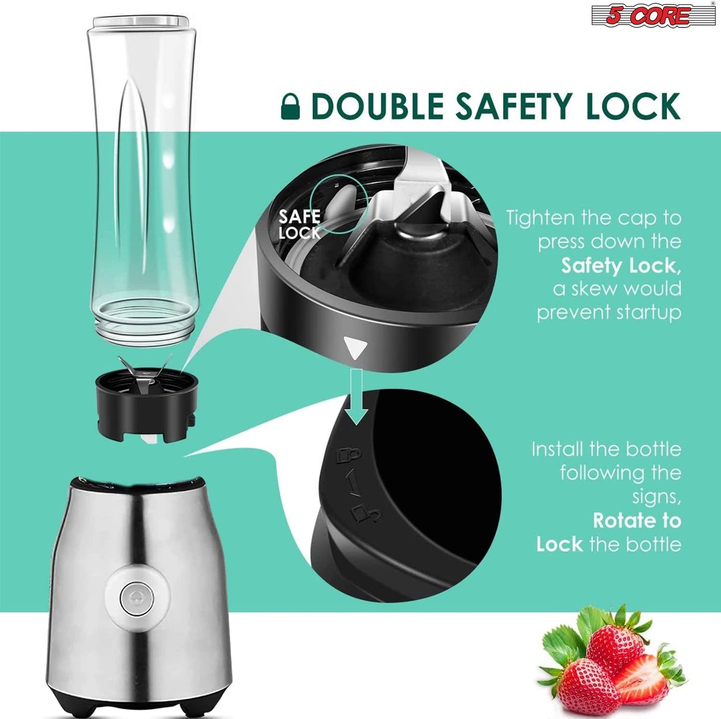 Personal Blender 20 Oz Capacity| BPA Free Food Processor with Portable Bottle 600ml| 300W Electric Motor Powerful Blender with 4 Stainless Steel Blades| For Shakes and Smoothies - 5C 521