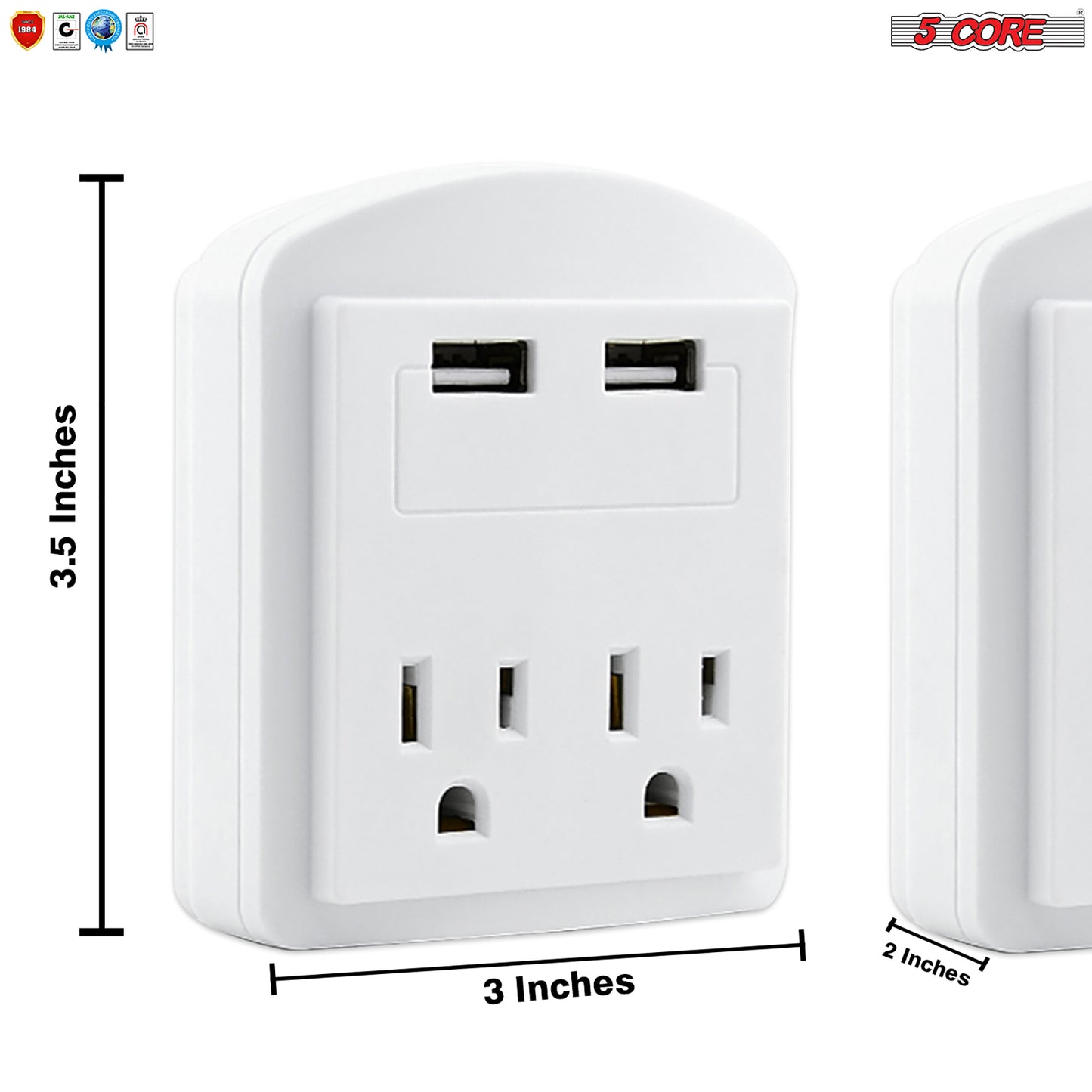 USB Wall Charger White with Surge Protector | Charging Power Outlet with 2 USB Ports and 2 AC Plug Expanders | Safe Wall Adapter for Travel, Home, Office, Cruise Dorm Essentials- 2U2O-1