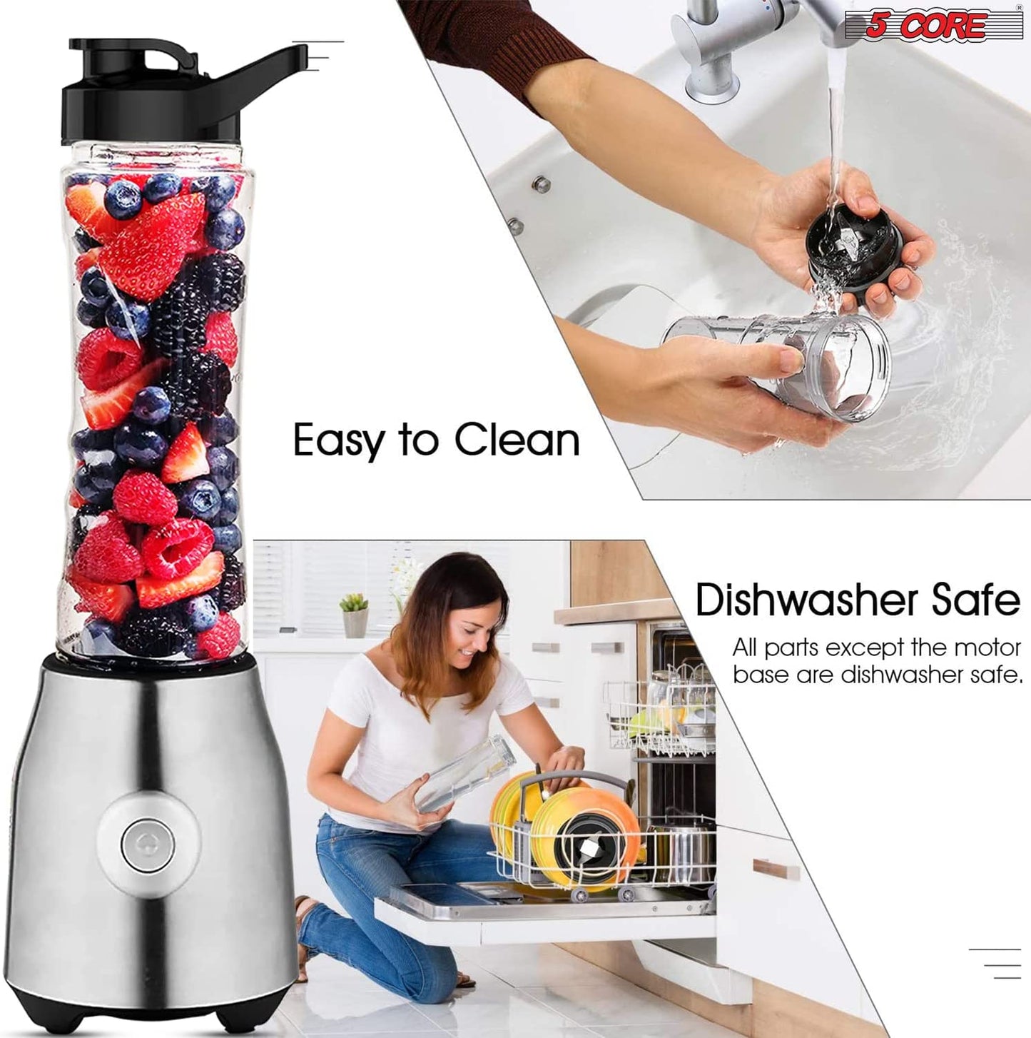 Personal Blender 20 Oz Capacity| BPA Free Food Processor with Portable Bottle 600ml| 300W Electric Motor Powerful Blender with 4 Stainless Steel Blades| For Shakes and Smoothies - 5C 521