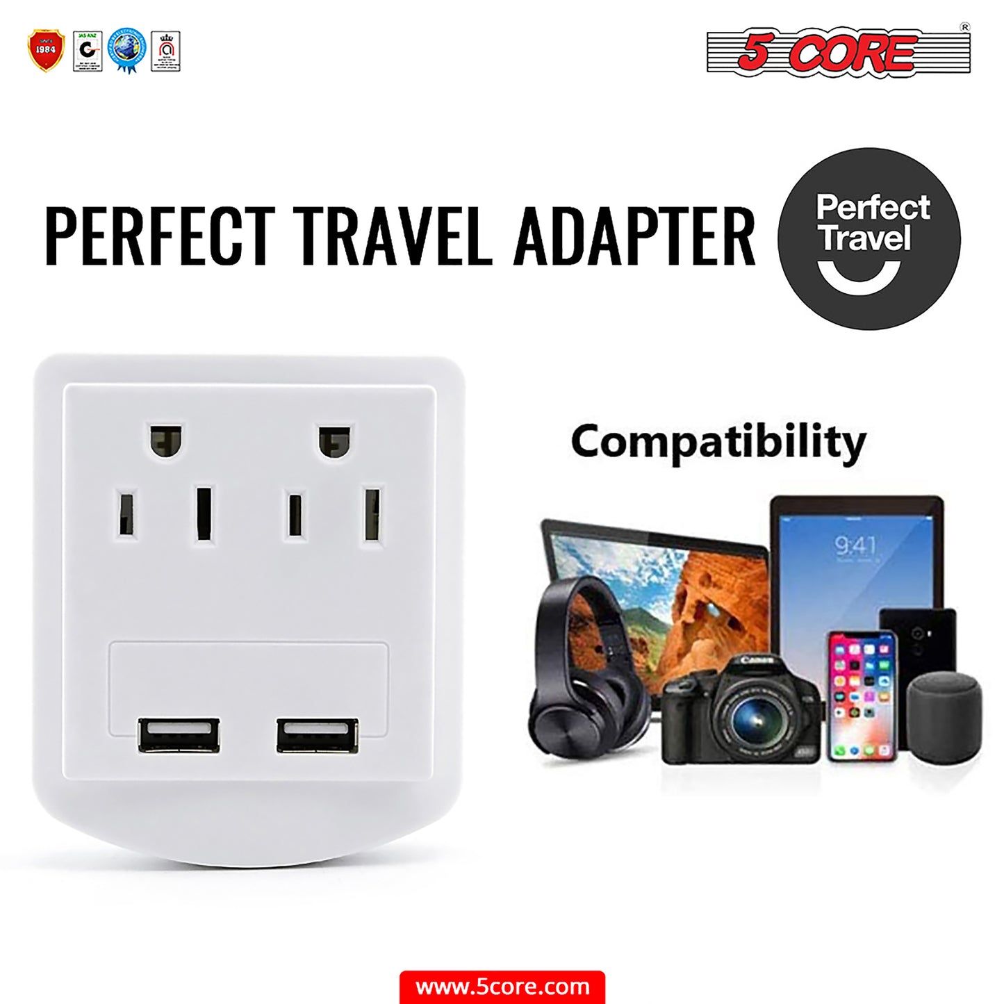 USB Wall Charger White with Surge Protector | Charging Power Outlet with 2 USB Ports and 2 AC Plug Expanders | Safe Wall Adapter for Travel, Home, Office, Cruise Dorm Essentials- 2U2O-1