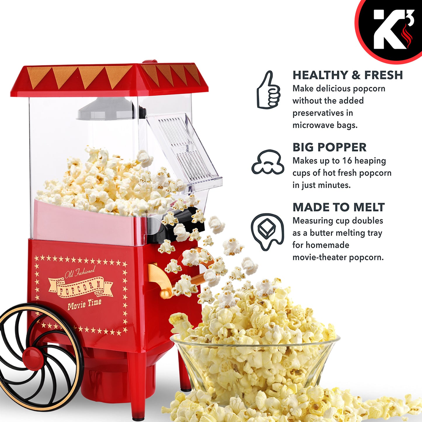 Kcubeinc Nostalgia Vintage Table-Top Popcorn Maker Machine with Wheels, 1400 Watts, 120 V, Hot Air POP 820