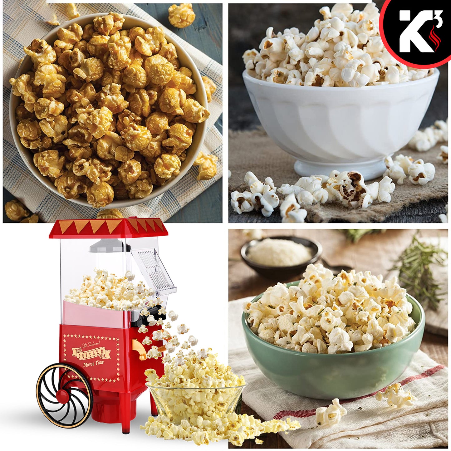 Kcubeinc Nostalgia Vintage Table-Top Popcorn Maker Machine with Wheels, 1400 Watts, 120 V, Hot Air POP 820