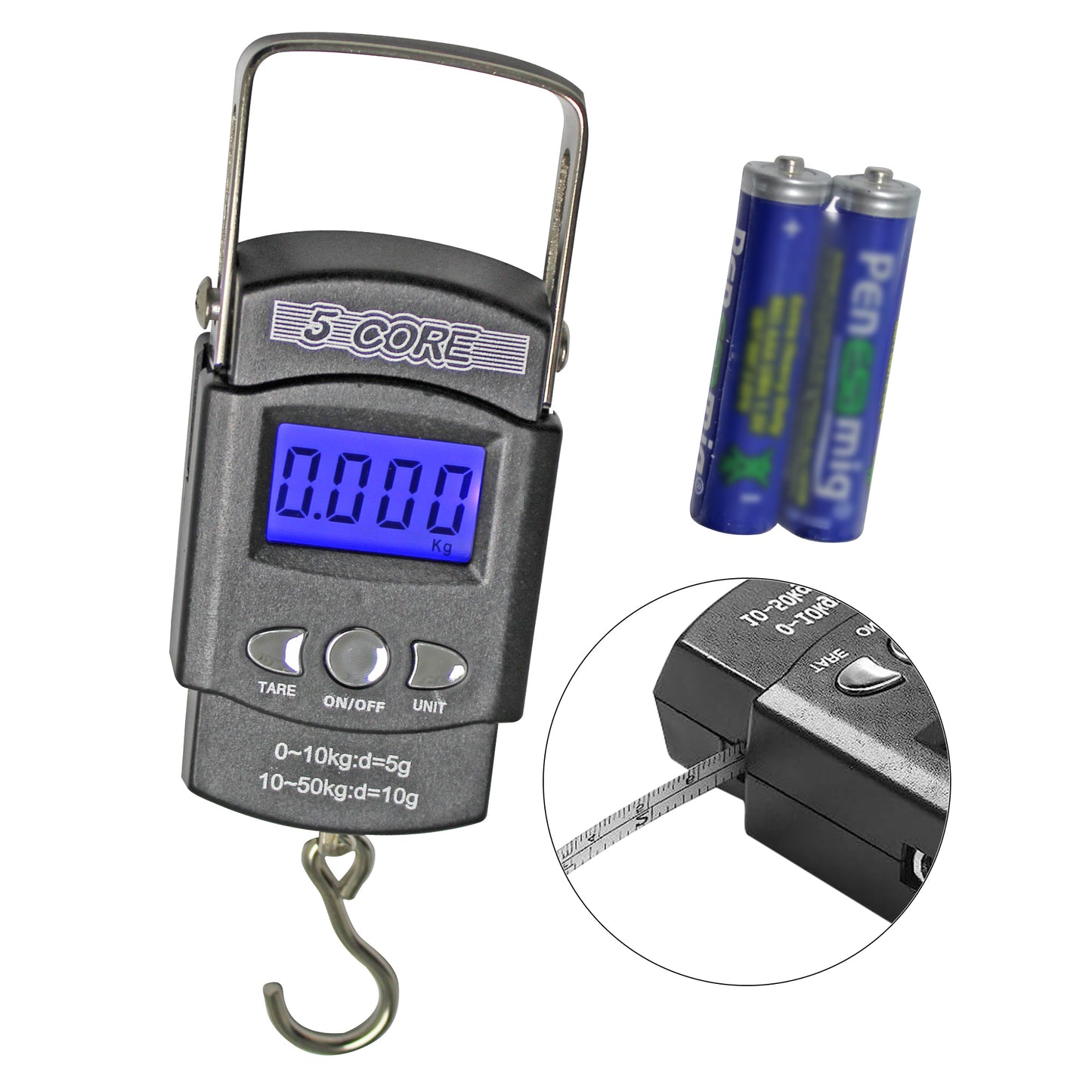 Kcubeinc Fish Scale 110lb/50kg Capacity Backlit Blue LCD Display/ Fishing Scale with Built-in Measuring Tape/ Hanging Hook Scale Operates with 2 AAA Batteries- LS-006