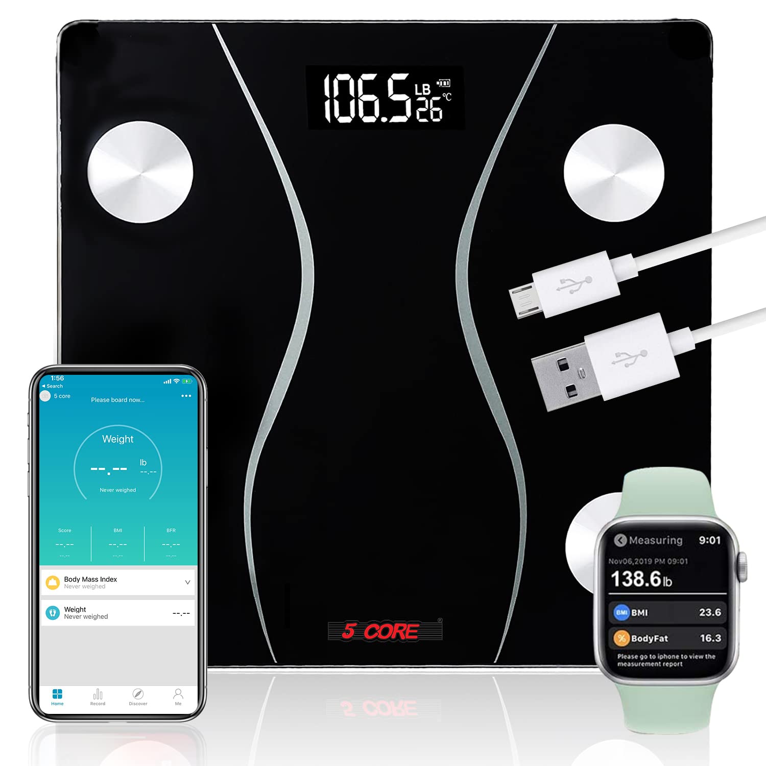 5 Core Rechargeable Digital Scale for Body Weight, Precision Bathroom Weighing Bath Scale, Step-On Technology, High Capacity - 400 lbs. Large Display, Batteries Included BS 01 R BLK