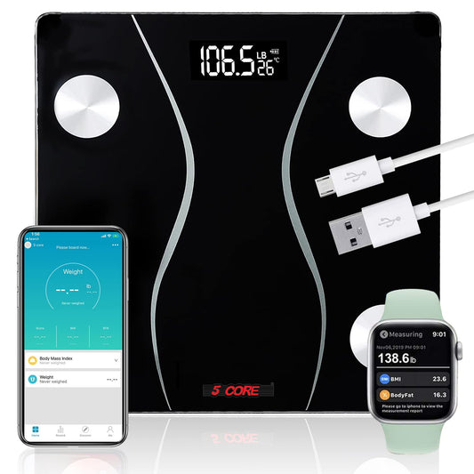 5 Core Rechargeable Digital Scale for Body Weight, Precision Bathroom Weighing Bath Scale, Step-On Technology, High Capacity - 400 lbs. Large Display, Batteries Included BS 01 R BLK