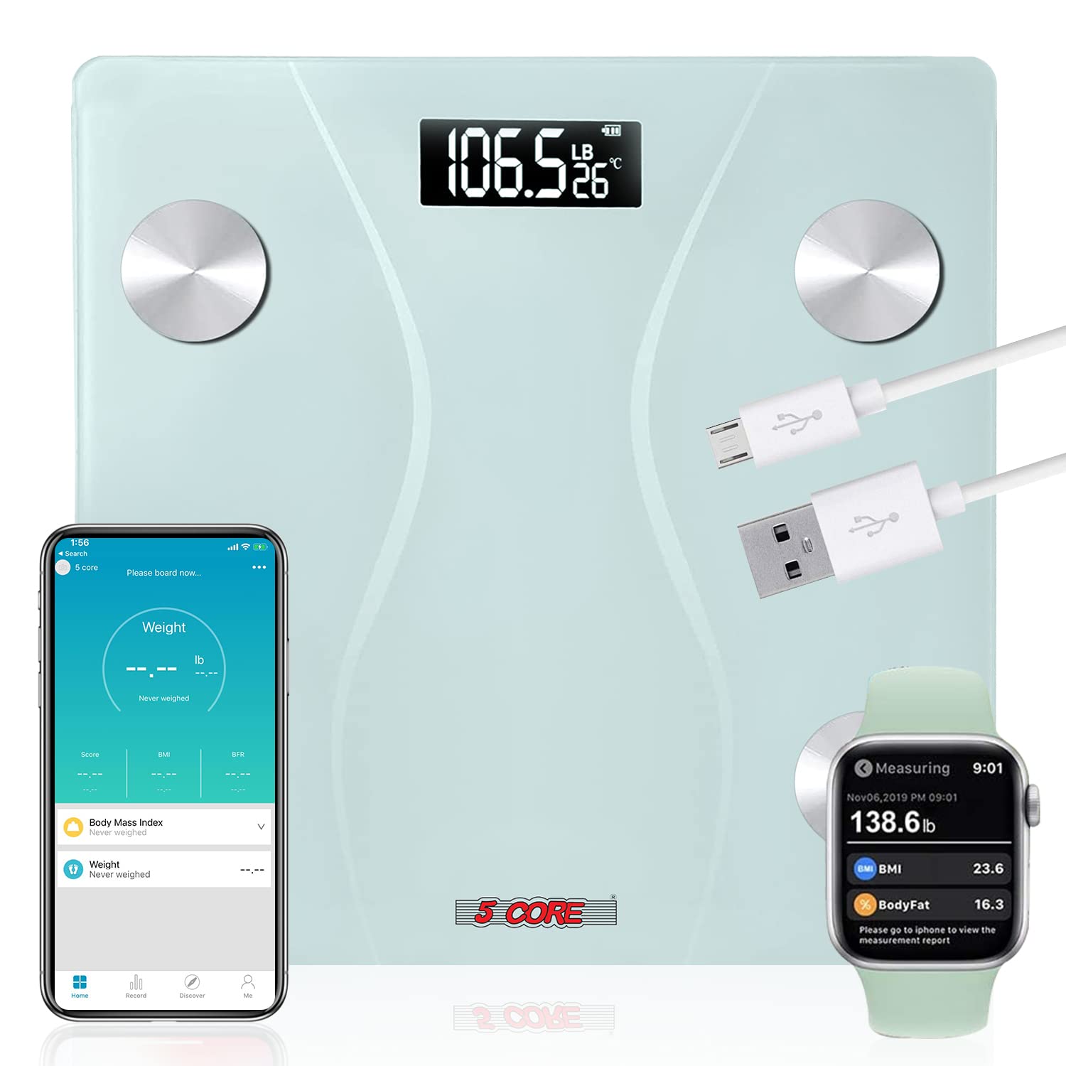 5 Core Digital Scale for Body Weight Bathroom Scales Large Display Rechargeable Batteries BS 01 R WH