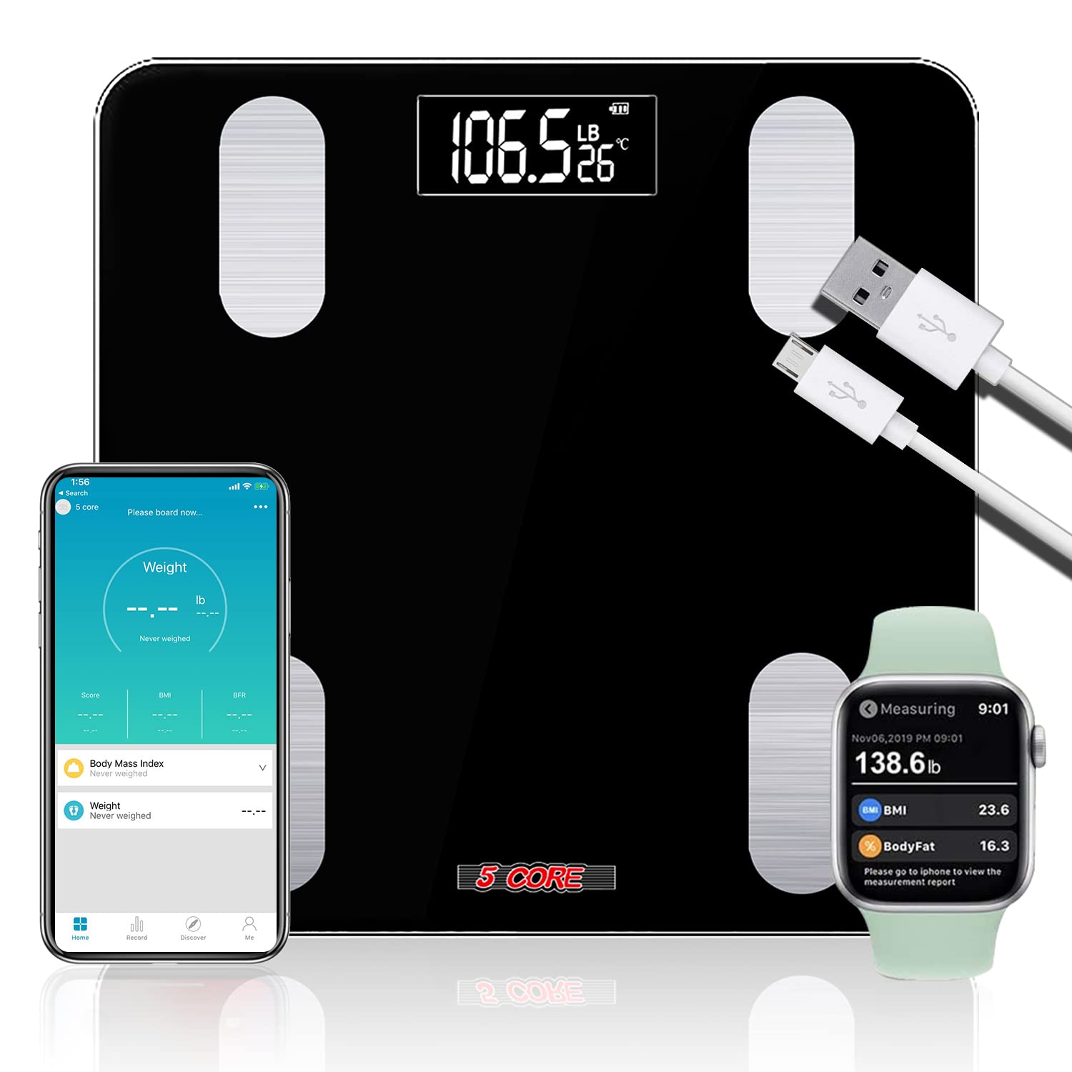 5 Core Rechargeable Smart Digital Bathroom Weighing Scale with Body Fat and Water Weight for People, Bluetooth BMI Electronic Body Analyzer Machine, 400 lbs. BBS VL R BLK