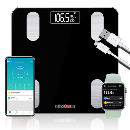 5 Core Rechargeable Smart Digital Bathroom Weighing Scale with Body Fat and Water Weight for People, Bluetooth BMI Electronic Body Analyzer Machine, 400 lbs. BBS VL R BLK