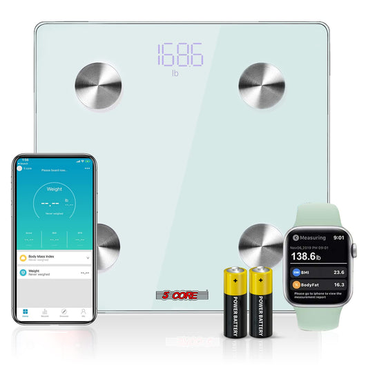 5 Core 2 Pieces Smart Digital Bathroom Weighing Scale with Body Fat and Water Weight for People, Bluetooth BMI Electronic Body Analyzer Machine, 400 lbs. BBS DOT B WH