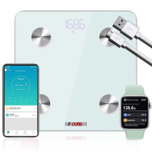 5 Core Rechargeable Smart Digital Bathroom Weighing Scale with Body Fat and Water Weight for People, Bluetooth BMI Electronic Body Analyzer Machine, 400 lbs. BBS DOT R WH