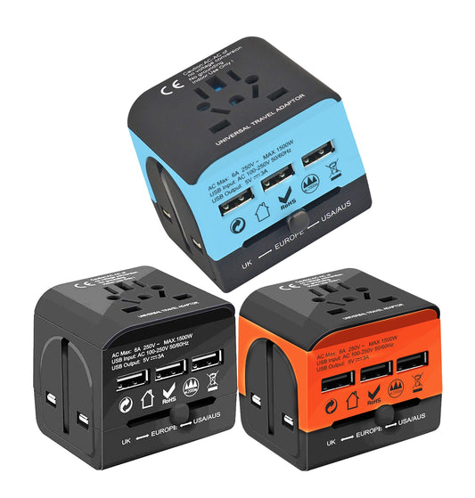 3 Pieces Charger Universal Adapter Multi Outlet Port 3 USB Phone Power All in One Multi Cable Multiple Phone Charge Wall Plug Blue, Orange & Black UTA 3USB 3pcs BBO