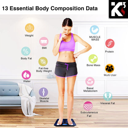 Kcubeinc Smart Digital Bathroom Weighing Scale with Body Fat and Water Weight for People, Bluetooth BMI Electronic Body Analyzer Machine, 400 lbs. BBS VL B BLU