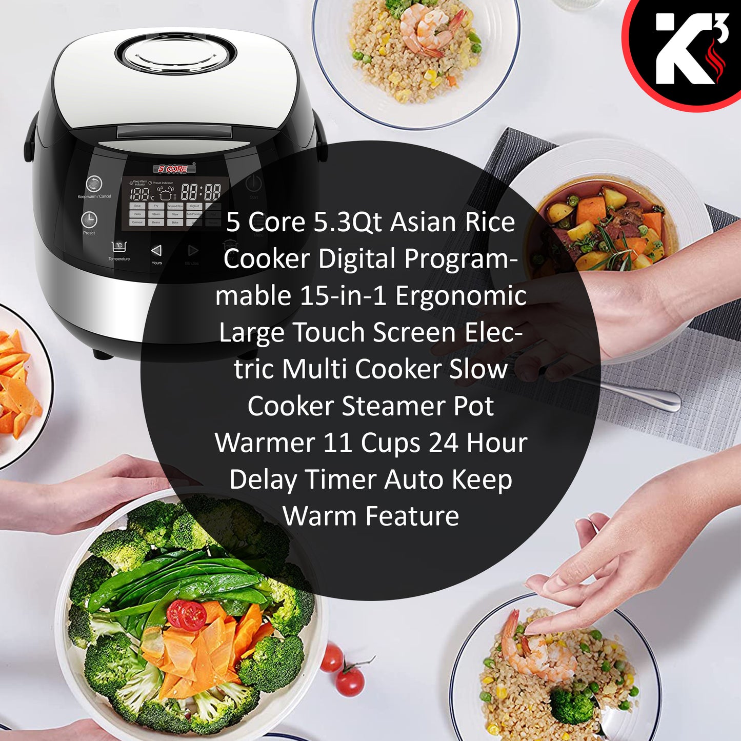 Kcubeinc 5.3Qt Asian Rice Cooker Digital Programmable 15-in-1 Ergonomic Large Touch Screen Electric Multi Cooker Slow Cooker Steamer Pot Warmer 11 Cups 24 Hour Delay Timer Auto Keep Warm Feature RC 0501