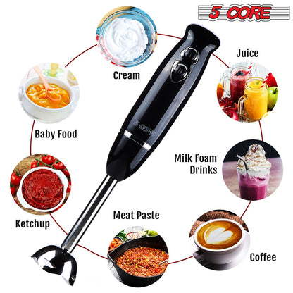Powerful Immersion Blender Black| 500 Watt Multi-Purpose Hand Blender Heavy Duty Copper Motor w/ Steel Finish | for Soup, Smoothie, Puree, Baby Food, 304 Stainless Steel Blades- HB 1510 BLK