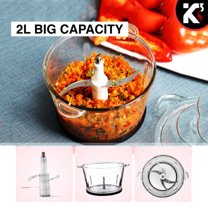 Kcubeinc Electric Food Chopper, 8-Cup Food Processor/ Stainless Steel Motor Unit, and 4 Sharp Blades/ 2L Glass Bowl Grinder for Meat, Vegetables, Fruits and Nuts- MG S GB