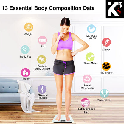 Kcubeinc Smart Digital Bathroom Weighing Scale with Body Fat and Water Weight for People, Bluetooth BMI Electronic Body Analyzer Machine, 400 lbs. BBS HL B WH