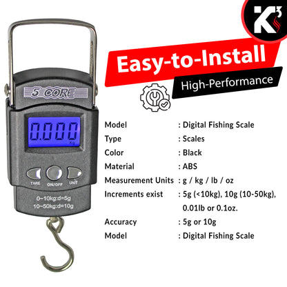 Kcubeinc Fish Scale 110lb/50kg Capacity Backlit Blue LCD Display/ Fishing Scale with Built-in Measuring Tape/ Hanging Hook Scale Operates with 2 AAA Batteries- LS-006