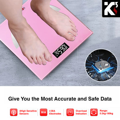 Kcubeinc Rechargeable Smart Digital Bathroom Weighing Scale with Body Fat and Water Weight for People, Bluetooth BMI Electronic Body Analyzer Machine, 400 lbs. BBS 03 R PNK