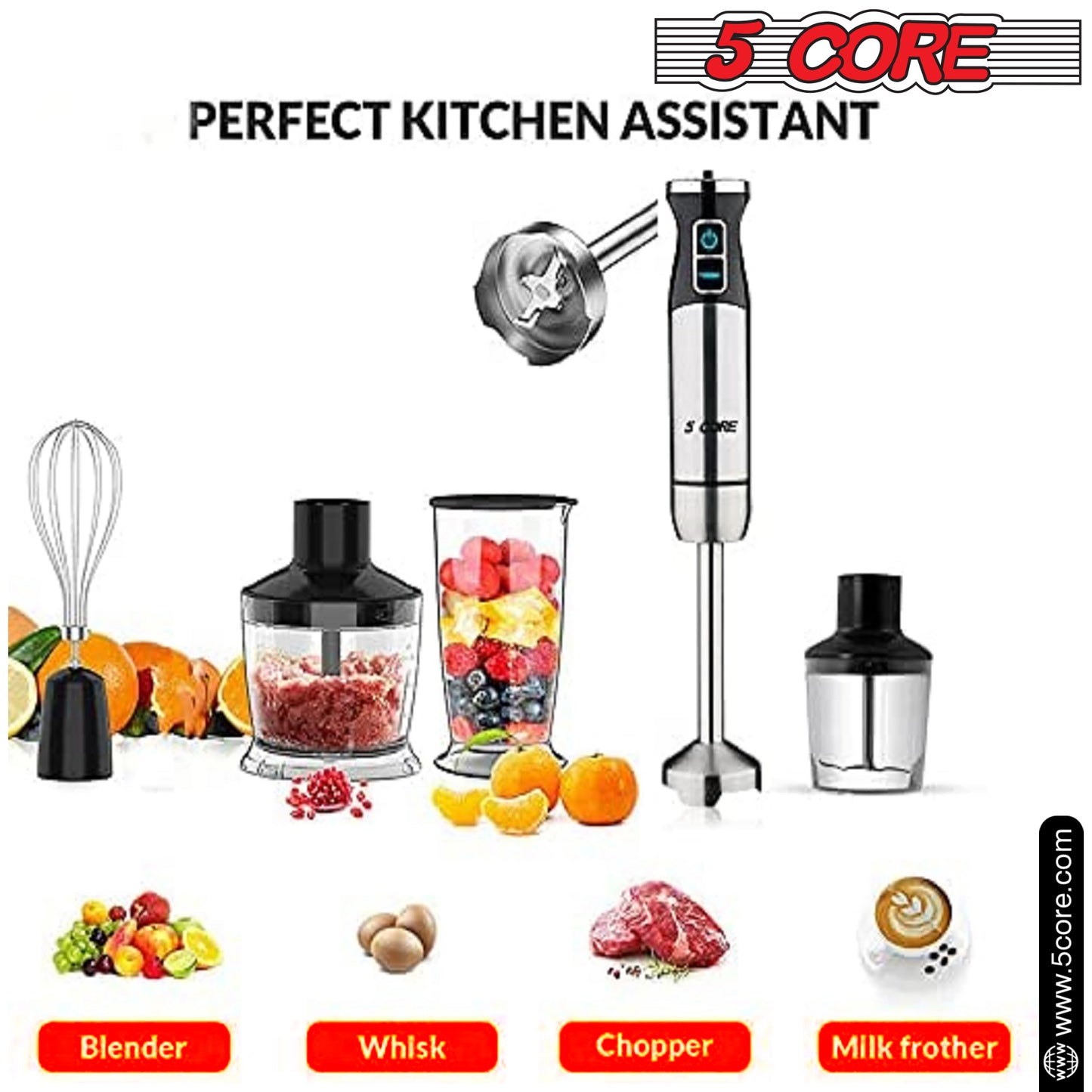 Powerful Immersion Blender Red| 500 Watt Multi-Purpose Hand Blender Heavy Duty Copper Motor 304 Stainless Steel Blades| for Soup, Smoothie, Puree, Baby Food, 304 Stainless Steel Blades- HB 1520