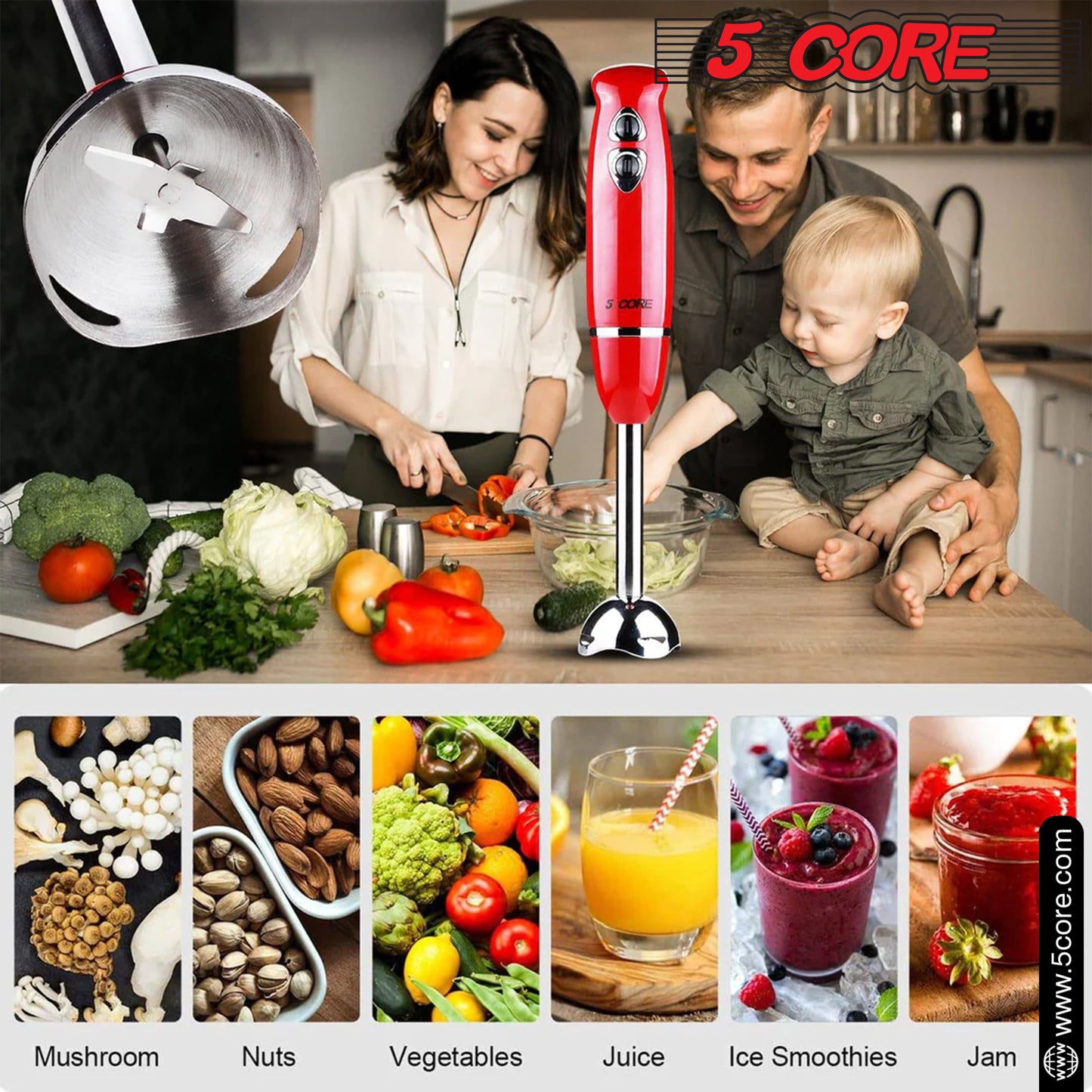 Powerful Immersion Blender Red| 500 Watt Multi-Purpose Hand Blender Heavy Duty Copper Motor Brushed Stainless Steel| for Soup, Smoothie, Puree, Baby Food, 304 Stainless Steel Blades- HB 1510 RED