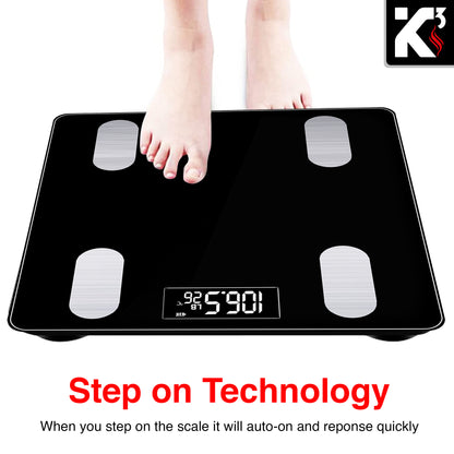 Kcubeinc Smart Digital Bathroom Weighing Scale with Body Fat and Water Weight for People, Bluetooth BMI Electronic Body Analyzer Machine, 400 lbs. BBS VL B BLK