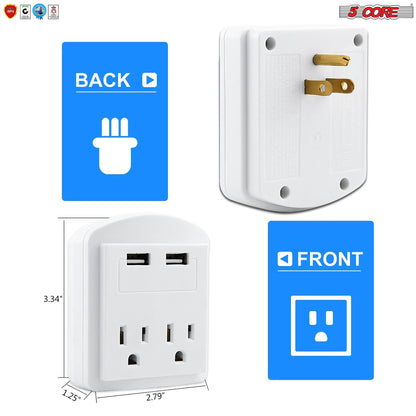 USB Wall Charger White with Surge Protector | Charging Power Outlet with 2 USB Ports and 2 AC Plug Expanders | Safe Wall Adapter for Travel, Home, Office, Cruise Dorm Essentials- 2U2O-1