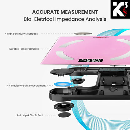 Kcubeinc Rechargeable Smart Digital Bathroom Weighing Scale with Body Fat and Water Weight for People, Bluetooth BMI Electronic Body Analyzer Machine, 400 lbs. BBS 03 R PNK