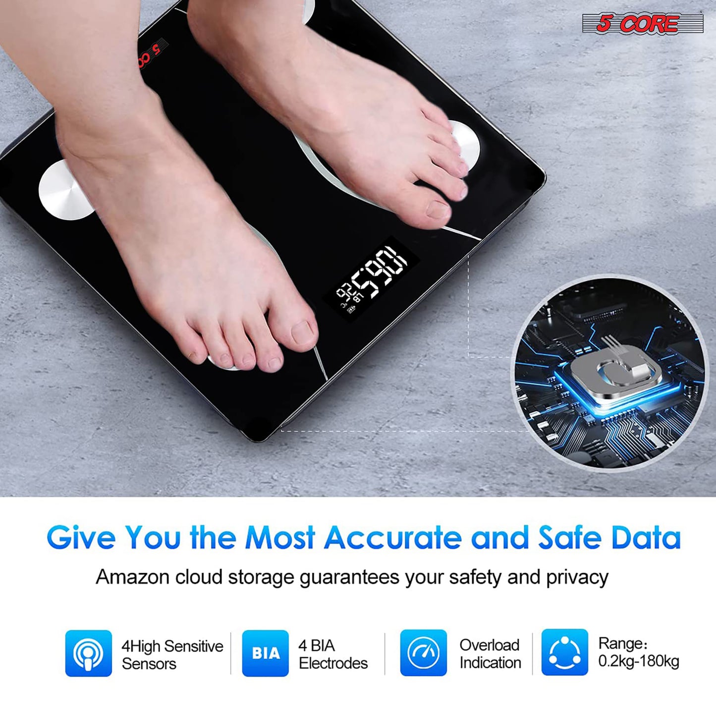 Kcubeinc Rechargeable Digital Scale for Body Weight, Precision Bathroom Weighing Bath Scale, Step-On Technology, High Capacity - 400 lbs. Large Display, Batteries Included BS 01 R BLK
