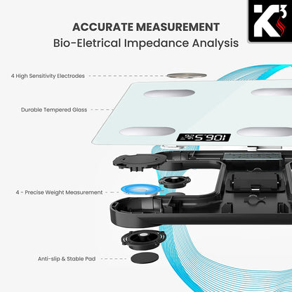 Kcubeinc Smart Digital Bathroom Weighing Scale with Body Fat and Water Weight for People, Bluetooth BMI Electronic Body Analyzer Machine, 400 lbs. BBS HL B WH