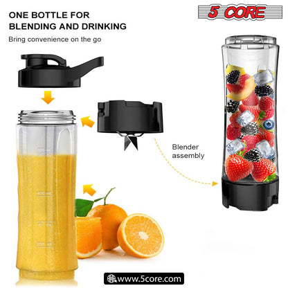 Personal Blender 20 Oz Capacity| BPA Free Food Processor with Portable Bottle 600ml| 300W Electric Motor Powerful Blender with 4 Stainless Steel Blades| For Shakes and Smoothies - 5C 521