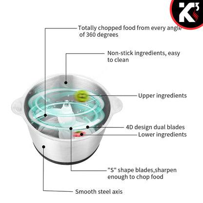 Kcubeinc Food Processor 300W Motor/ Electric Chopper Heavy Duty Meat Grinder/ 12 Cup Capacity, Stainless Steel Bowl With 2 Speed for Vegetables, Fruits, Nuts, Coffee Beans, Lean Ground Meat- MG S SSB