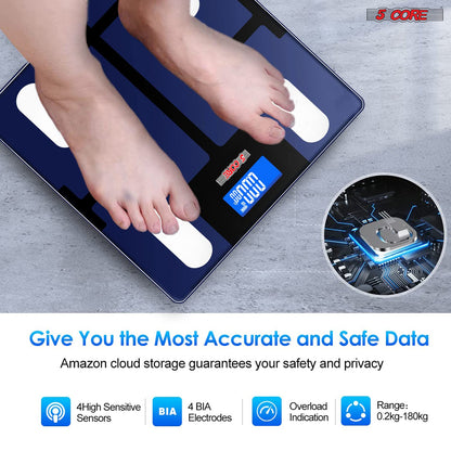 Kcubeinc Rechargeable Smart Digital Bathroom Weighing Scale with Body Fat and Water Weight for People, Bluetooth BMI Electronic Body Analyzer Machine, 400 lbs. BBS VL R BLU