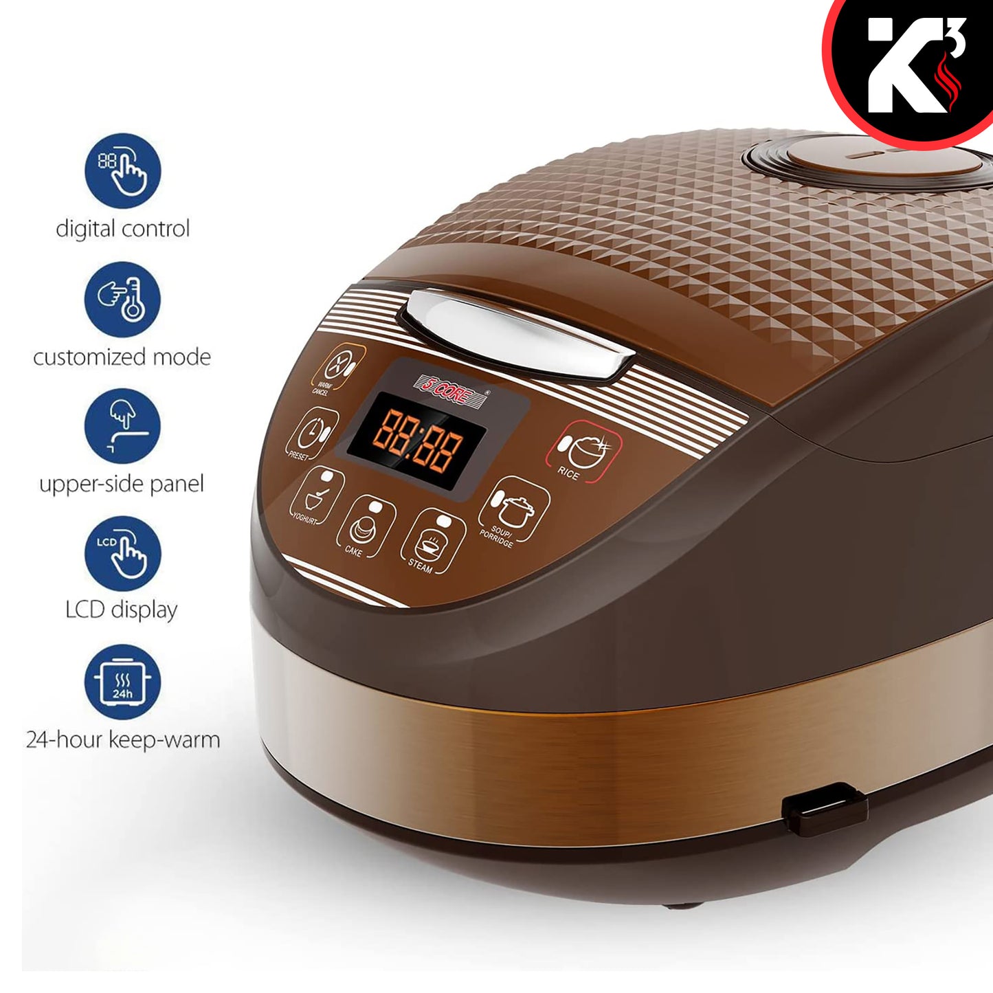 Kcubeinc 5.3Qt Asian Rice Cooker Digital Programmable 15-in-1 Ergonomic Large Touch Screen Electric Multi Cooker Slow Cooker Steamer Pot Warmer 11 Cups 24 Hour Delay Timer Auto Keep Warm Feature RC 0502