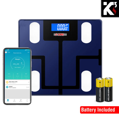 Kcubeinc Smart Digital Bathroom Weighing Scale with Body Fat and Water Weight for People, Bluetooth BMI Electronic Body Analyzer Machine, 400 lbs. BBS VL B BLU