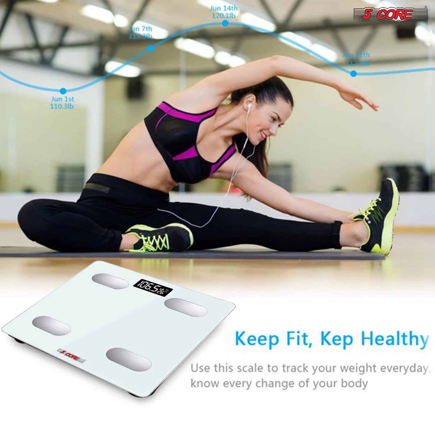 Kcubeinc Rechargeable Smart Digital Bathroom Weighing Scale with Body Fat and Water Weight for People, Bluetooth BMI Electronic Body Analyzer Machine, 400 lbs. BBS HL R WH