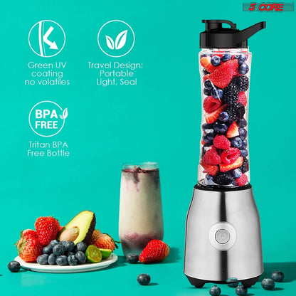 Personal Blender 20 Oz Capacity| BPA Free Food Processor with Portable Bottle 600ml| 300W Electric Motor Powerful Blender with 4 Stainless Steel Blades| For Shakes and Smoothies - 5C 521