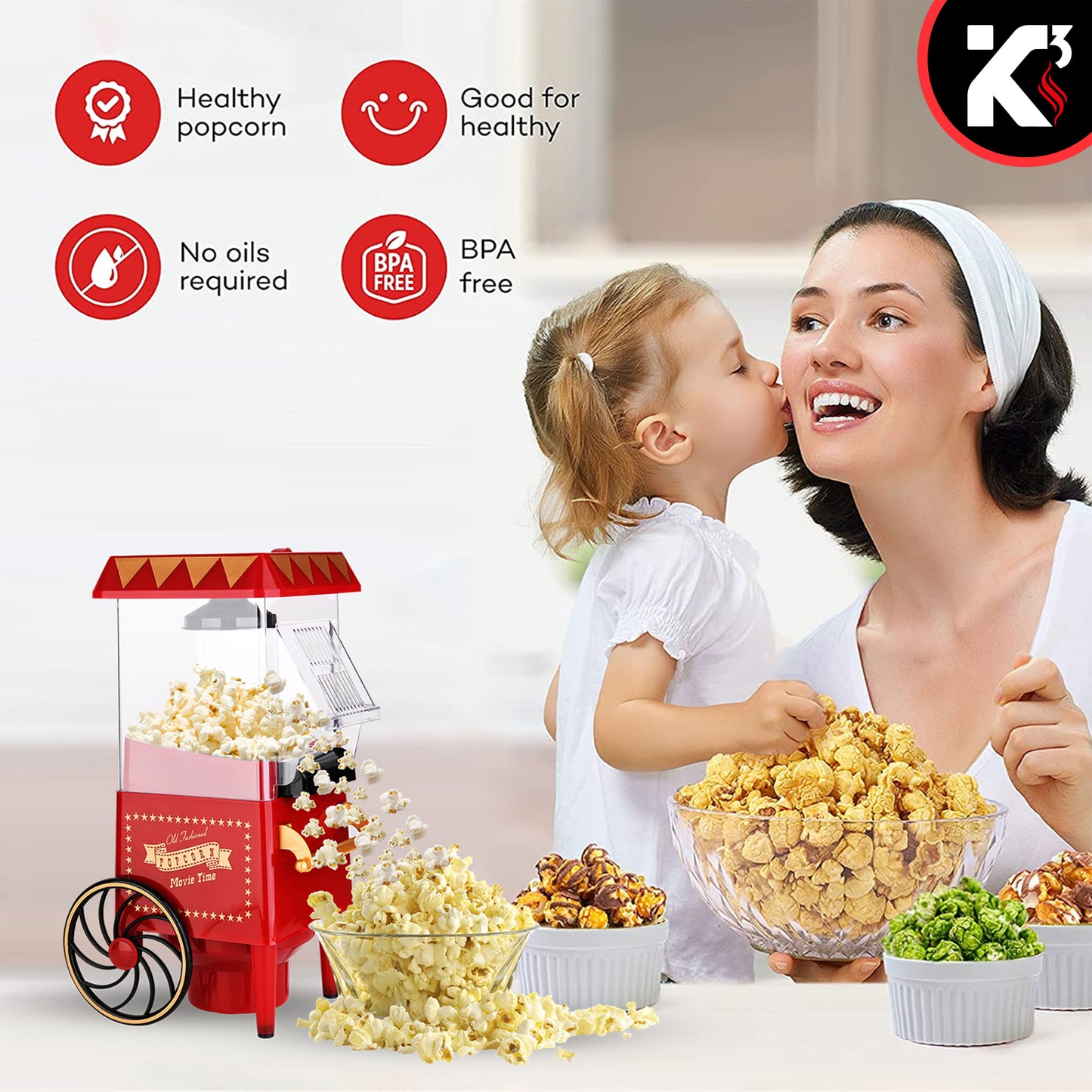 Kcubeinc Nostalgia Vintage Table-Top Popcorn Maker Machine with Wheels, 1400 Watts, 120 V, Hot Air POP 820